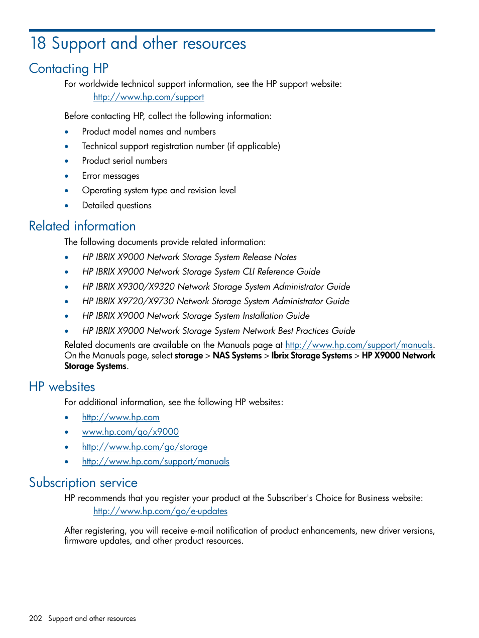 18 support and other resources, Contacting hp, Related information | Hp websites, Subscription service | HP StoreAll Storage User Manual | Page 202 / 209