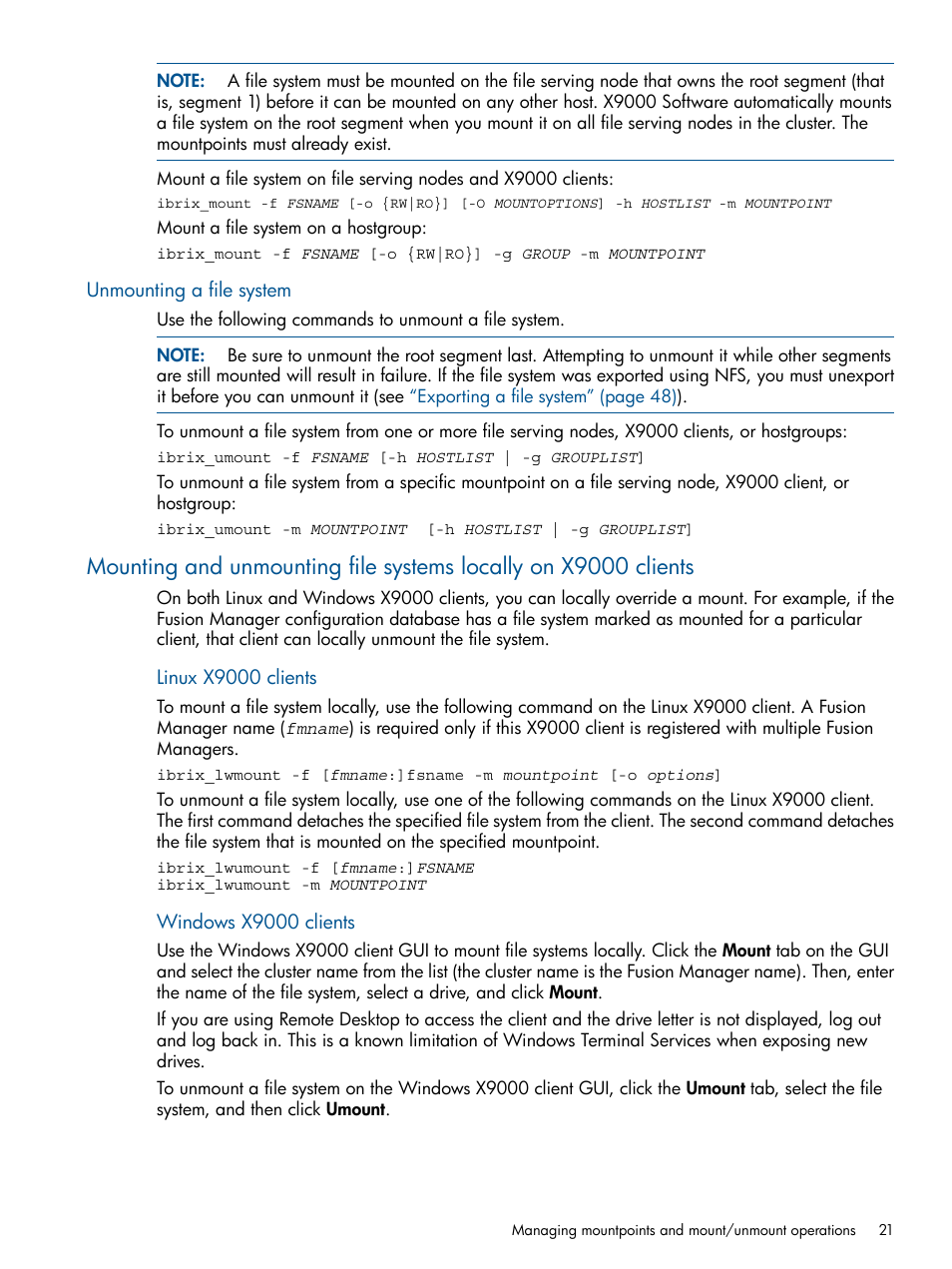 Unmounting a file system | HP StoreAll Storage User Manual | Page 21 / 209