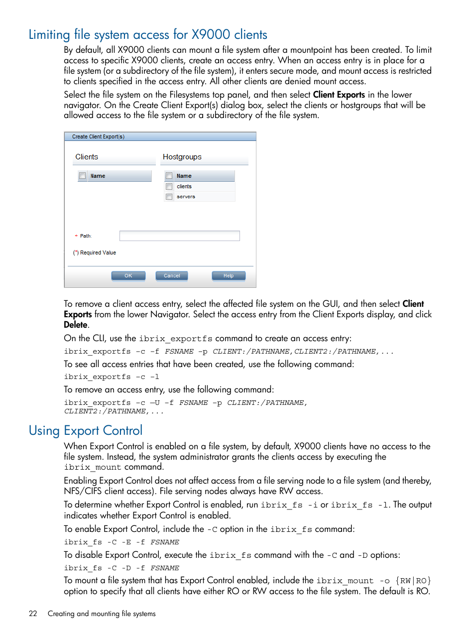 Limiting file system access for x9000 clients, Using export control | HP StoreAll Storage User Manual | Page 22 / 209