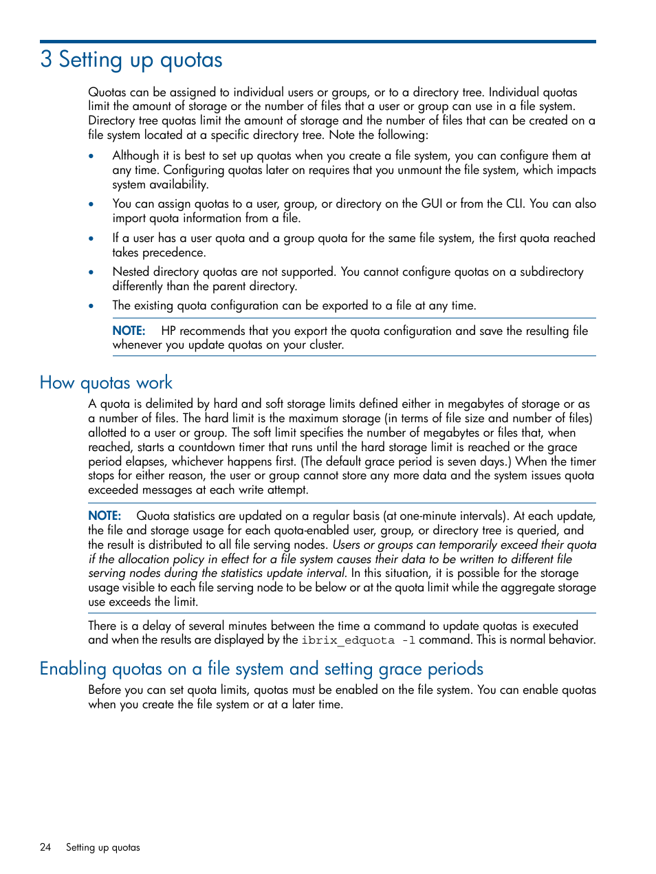 3 setting up quotas, How quotas work, Setting up | HP StoreAll Storage User Manual | Page 24 / 209