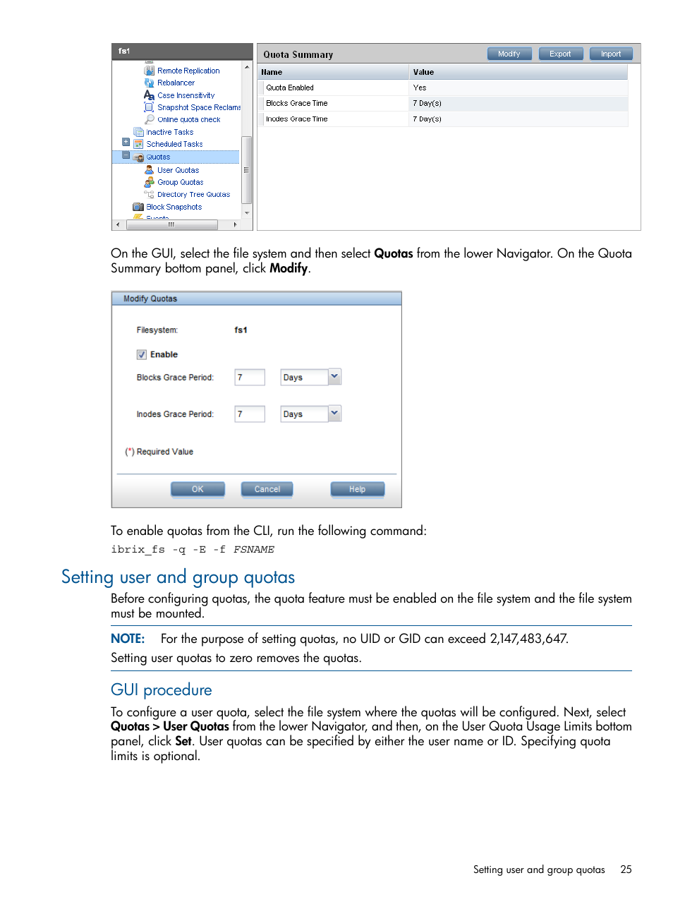 Setting user and group quotas, Gui procedure | HP StoreAll Storage User Manual | Page 25 / 209