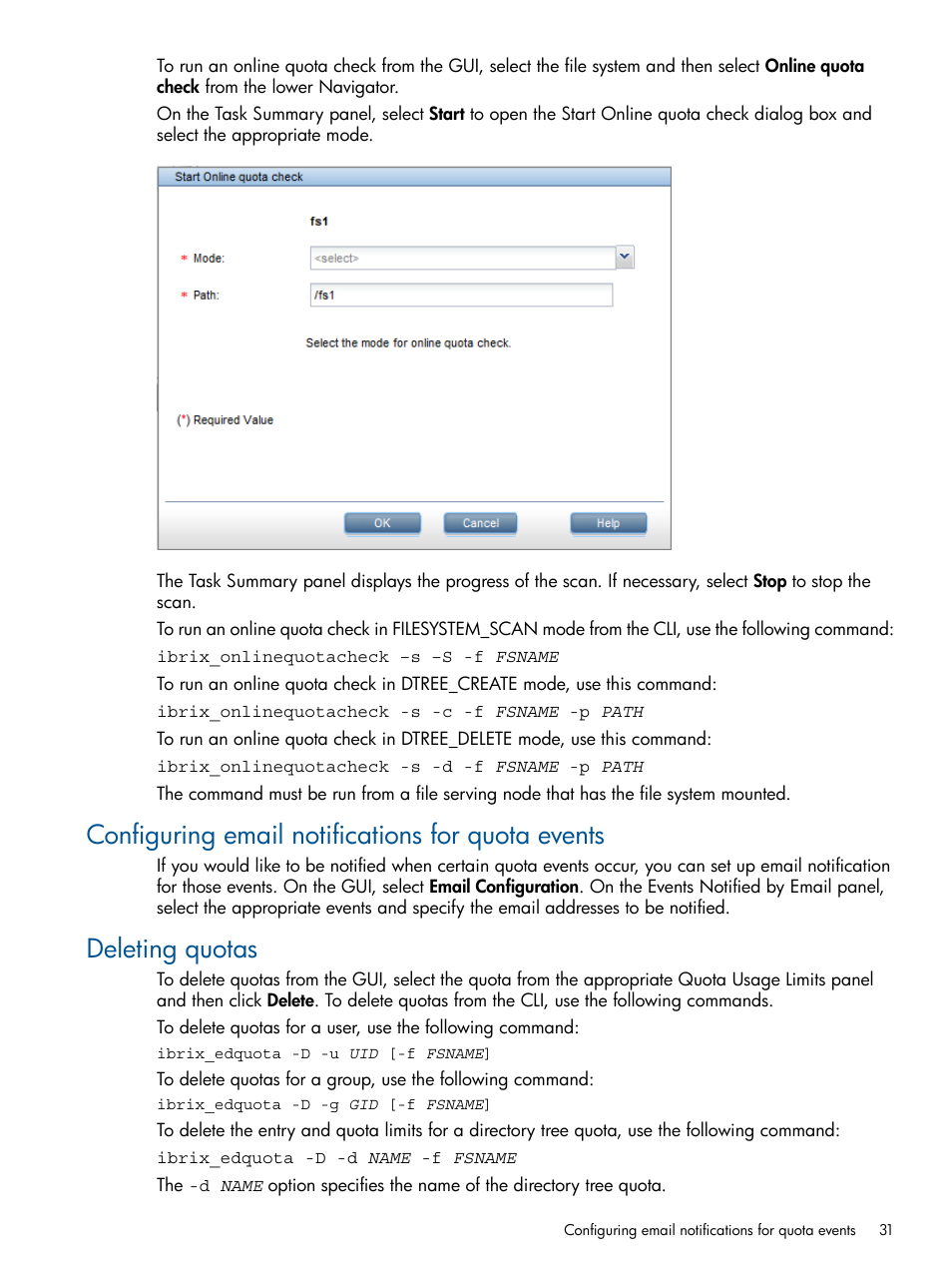 Configuring email notifications for quota events, Deleting quotas | HP StoreAll Storage User Manual | Page 31 / 209