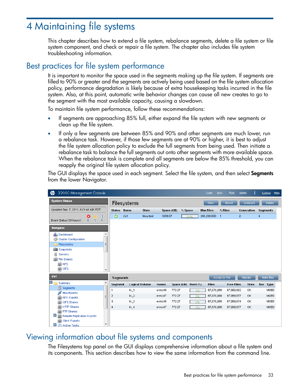 4 maintaining file systems, Best practices for file system performance | HP StoreAll Storage User Manual | Page 33 / 209