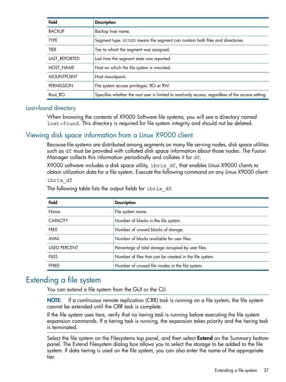 Lost+found directory, Extending a file system | HP StoreAll Storage User Manual | Page 37 / 209