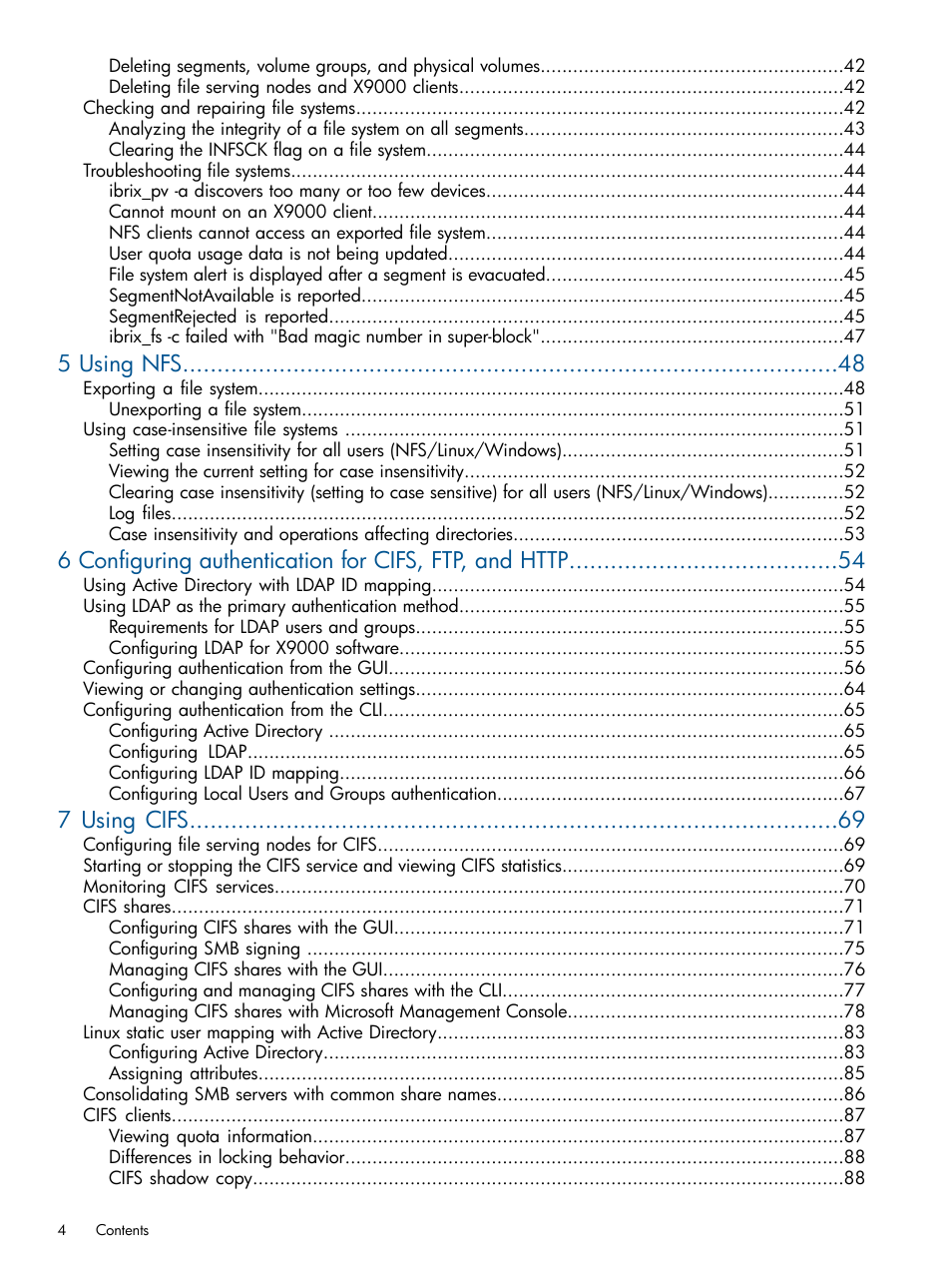 5 using nfs, 7 using cifs | HP StoreAll Storage User Manual | Page 4 / 209