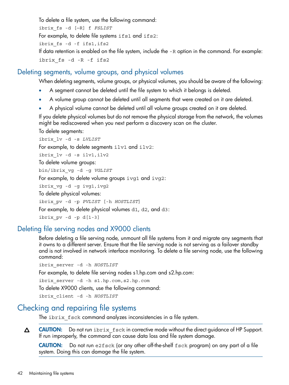 Deleting file serving nodes and x9000 clients, Checking and repairing file systems | HP StoreAll Storage User Manual | Page 42 / 209