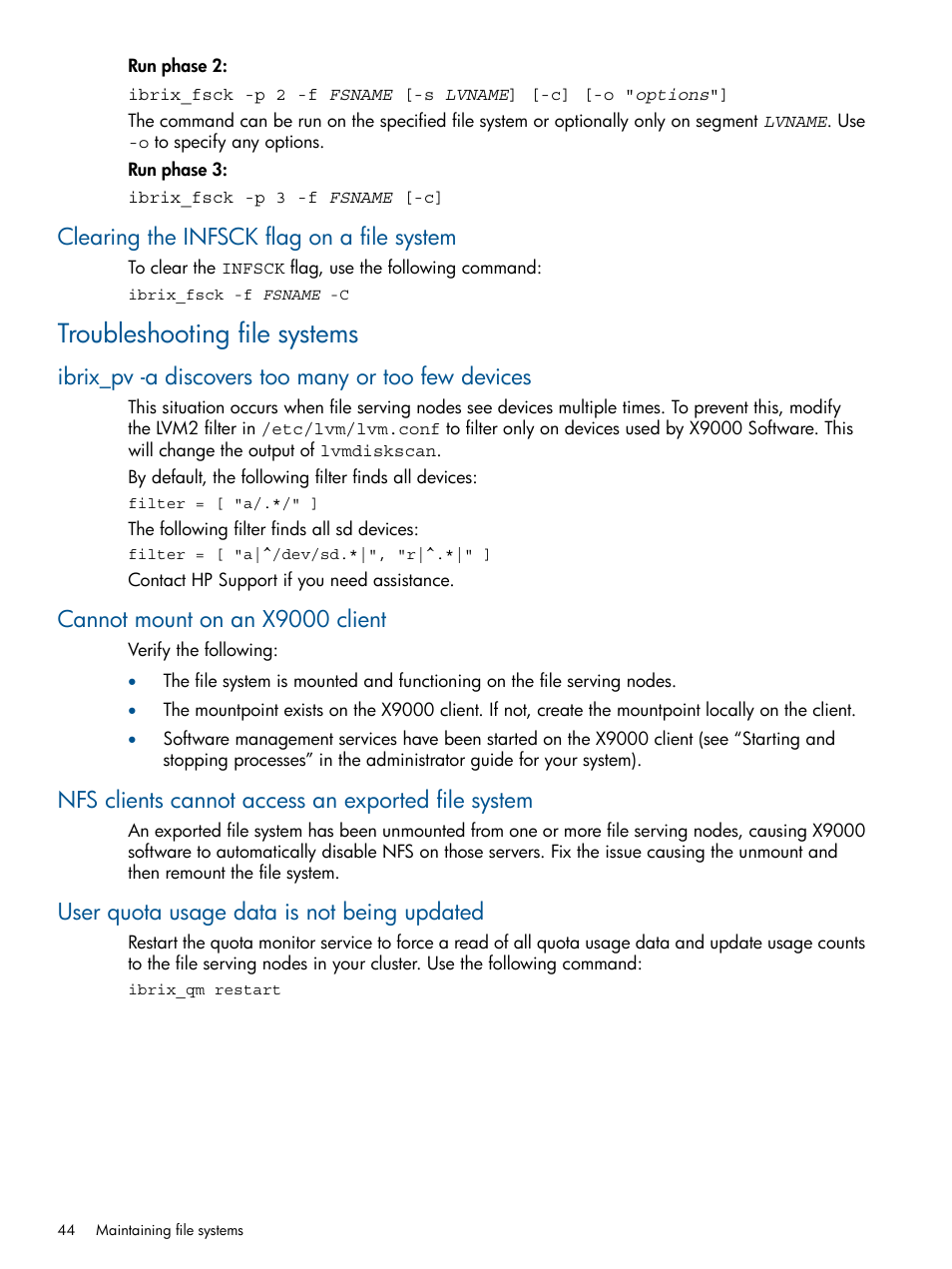 Clearing the infsck flag on a file system, Troubleshooting file systems, Ibrix_pv -a discovers too many or too few devices | Cannot mount on an x9000 client, Nfs clients cannot access an exported file system, User quota usage data is not being updated | HP StoreAll Storage User Manual | Page 44 / 209