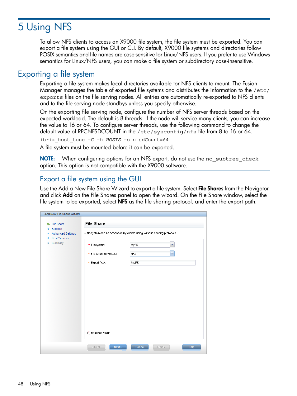 5 using nfs, Exporting a file system, Export a file system using the gui | HP StoreAll Storage User Manual | Page 48 / 209