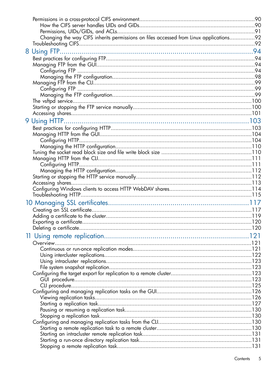 8 using ftp, 10 managing ssl certificates, 11 using remote replication | HP StoreAll Storage User Manual | Page 5 / 209