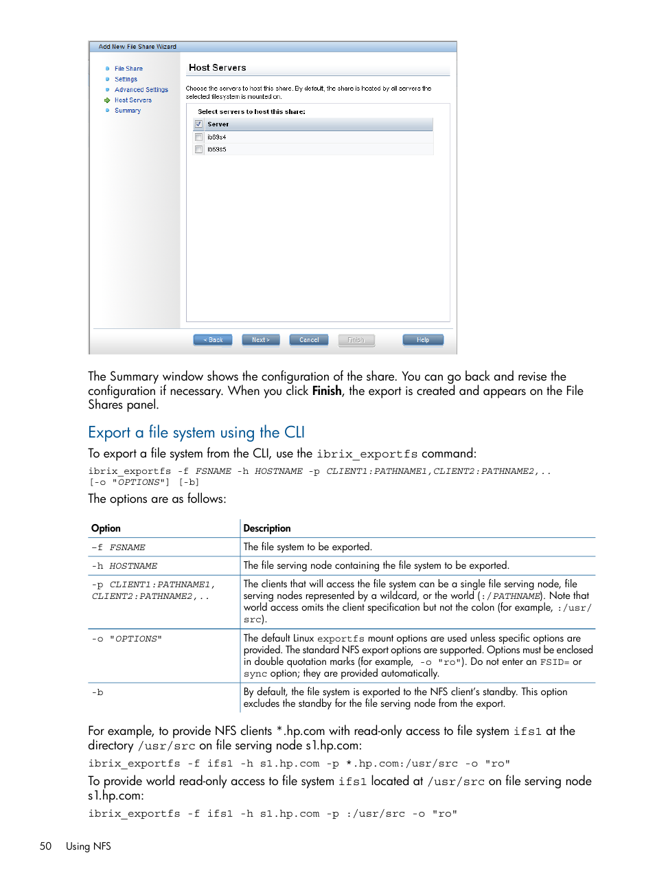 Export a file system using the cli | HP StoreAll Storage User Manual | Page 50 / 209