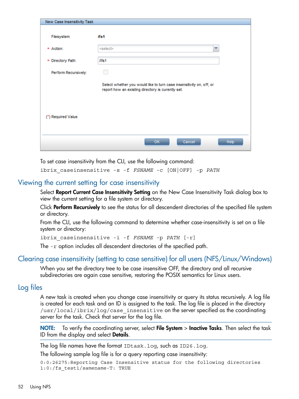 Viewing the current setting for case insensitivity, Log files | HP StoreAll Storage User Manual | Page 52 / 209