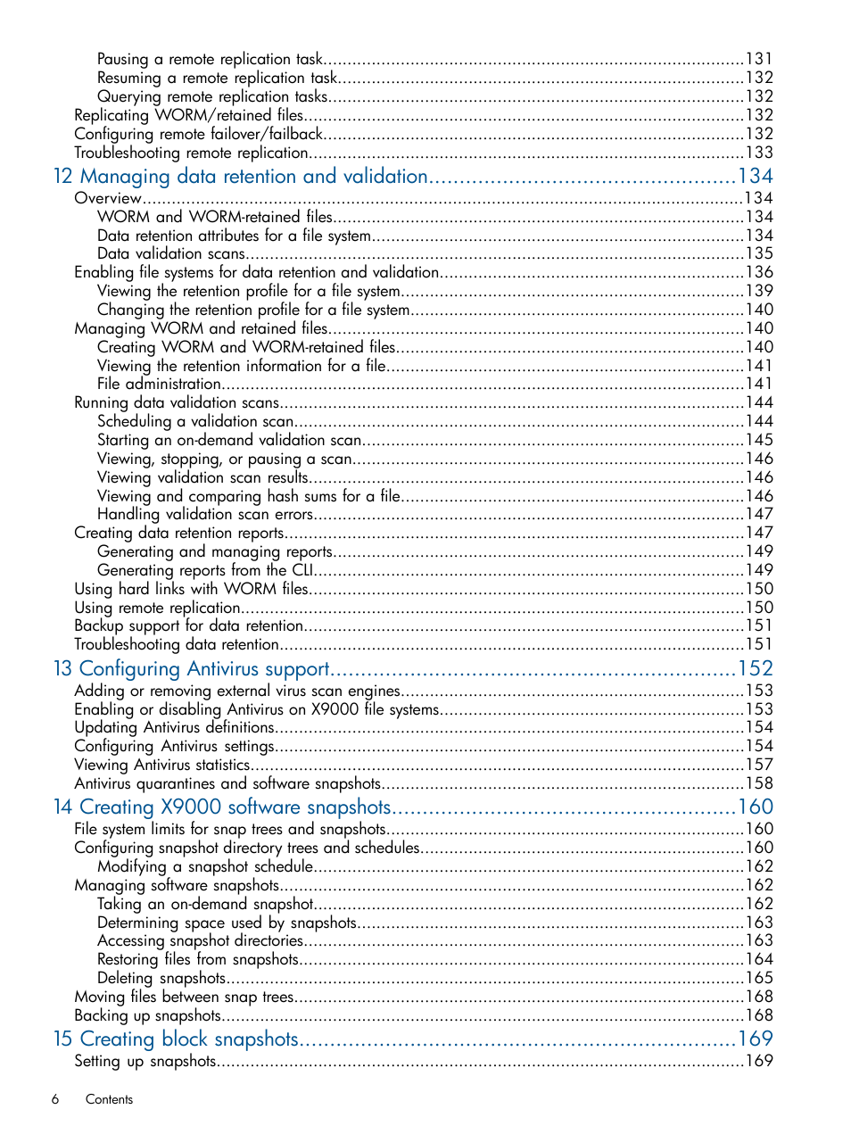 12 managing data retention and validation, 13 configuring antivirus support, 15 creating block snapshots | HP StoreAll Storage User Manual | Page 6 / 209