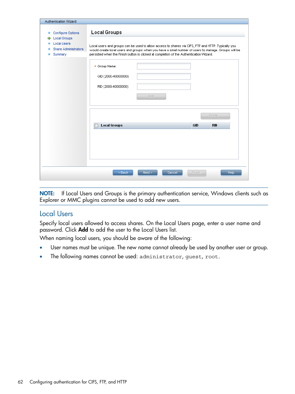 Local users | HP StoreAll Storage User Manual | Page 62 / 209