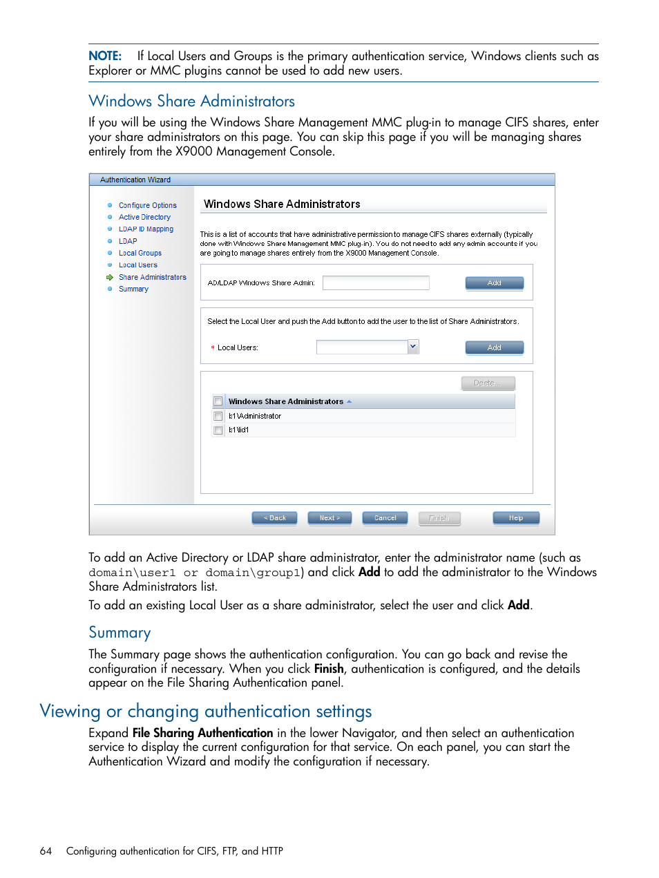 Viewing or changing authentication settings, Windows share administrators, Summary | HP StoreAll Storage User Manual | Page 64 / 209