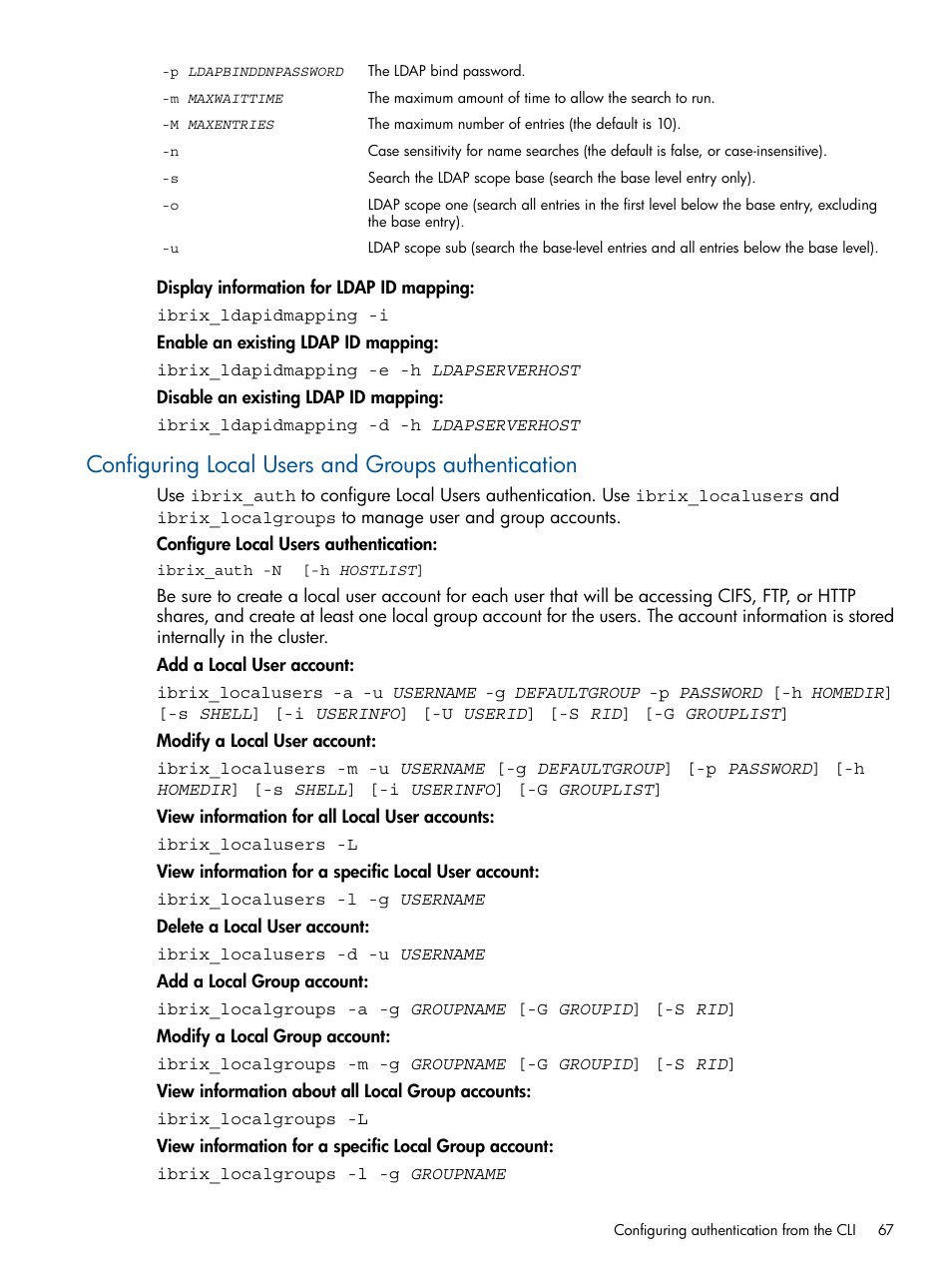 Configuring local users and groups authentication | HP StoreAll Storage User Manual | Page 67 / 209