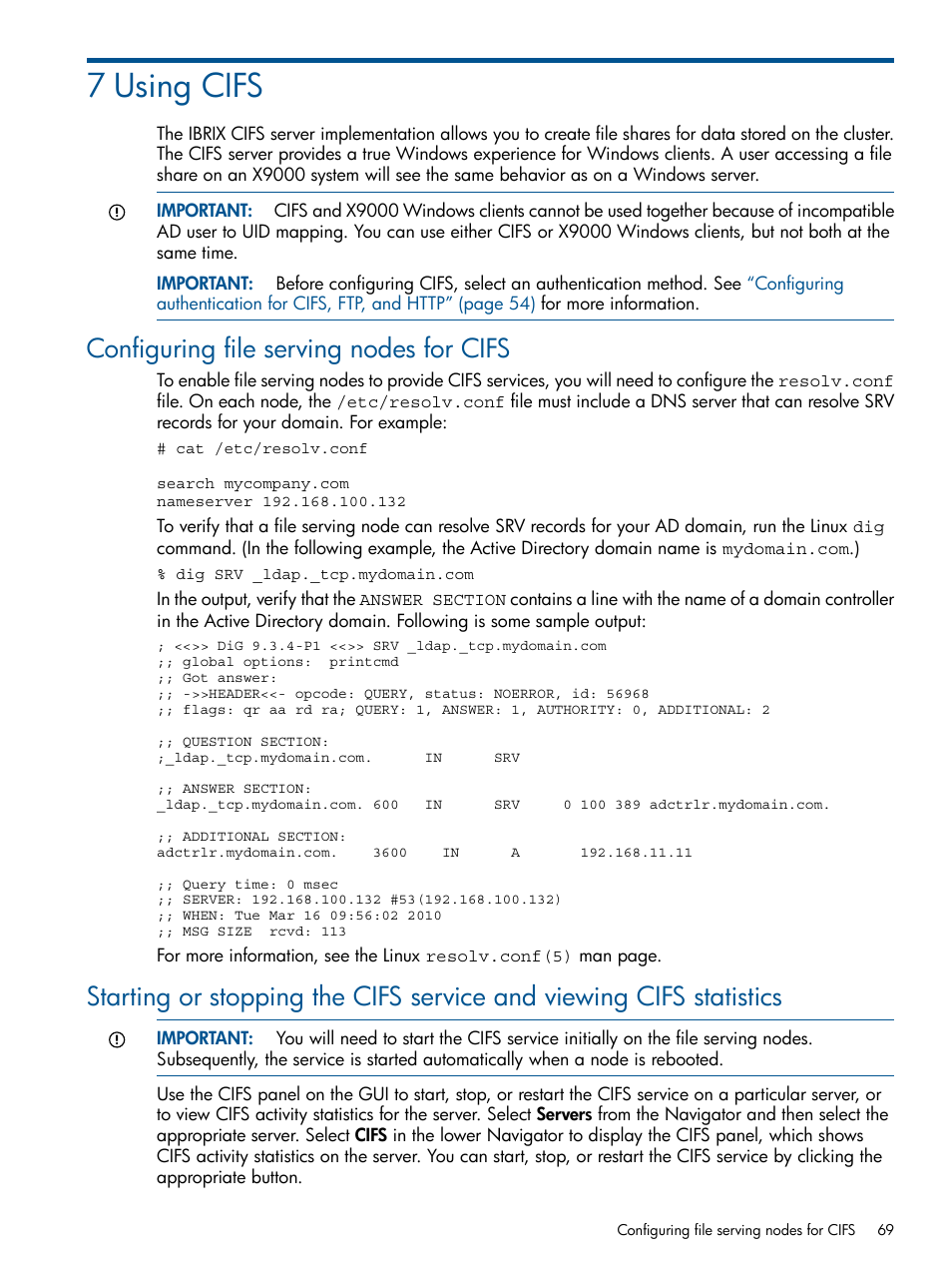 7 using cifs, Configuring file serving nodes for cifs | HP StoreAll Storage User Manual | Page 69 / 209