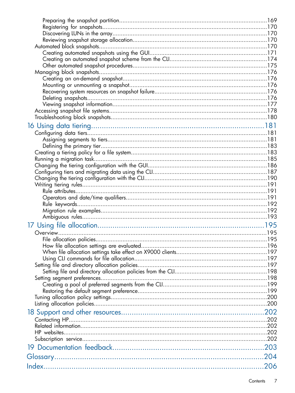 16 using data tiering, 17 using file allocation, 18 support and other resources | 19 documentation feedback glossary index | HP StoreAll Storage User Manual | Page 7 / 209