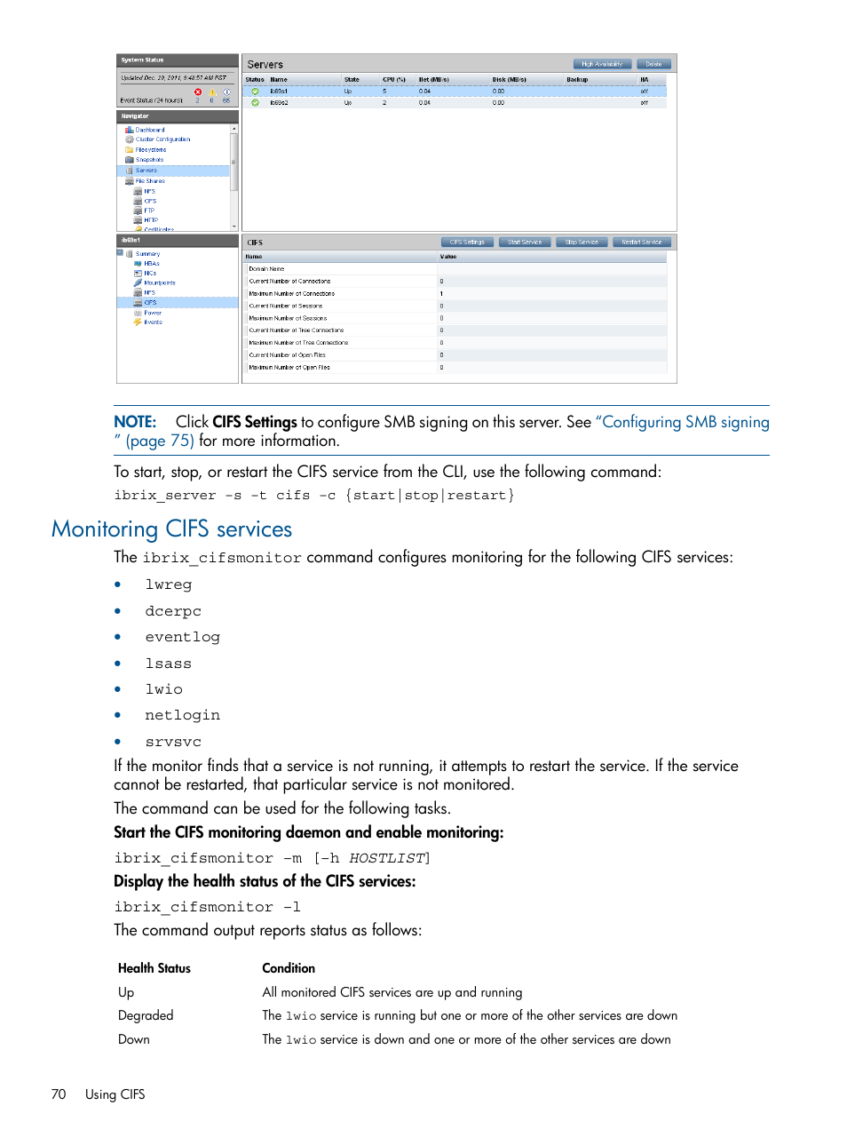 Monitoring cifs services | HP StoreAll Storage User Manual | Page 70 / 209