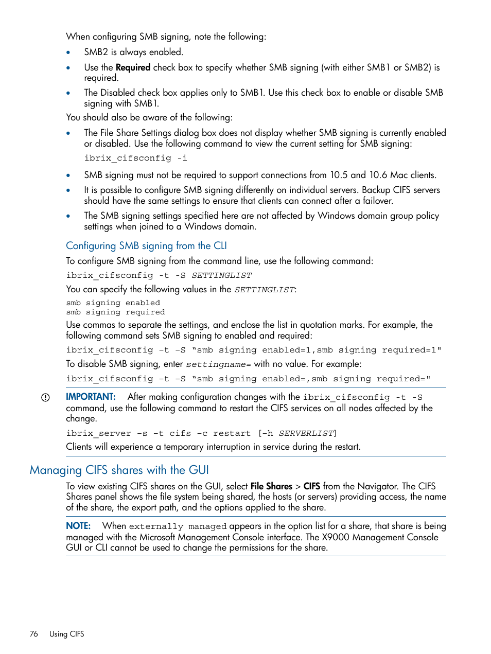 Managing cifs shares with the gui | HP StoreAll Storage User Manual | Page 76 / 209