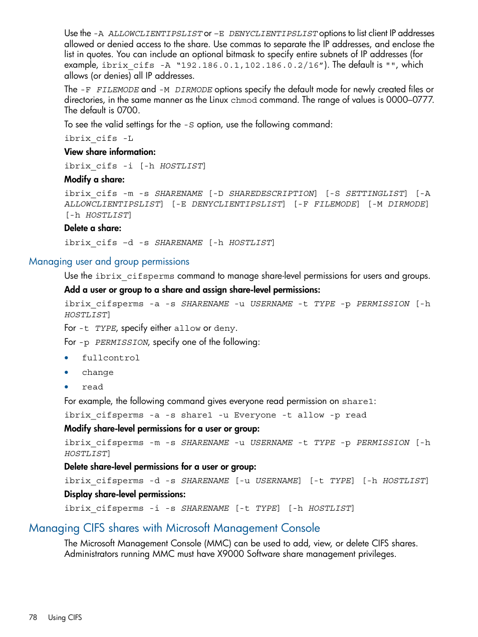 Managing user and group permissions | HP StoreAll Storage User Manual | Page 78 / 209