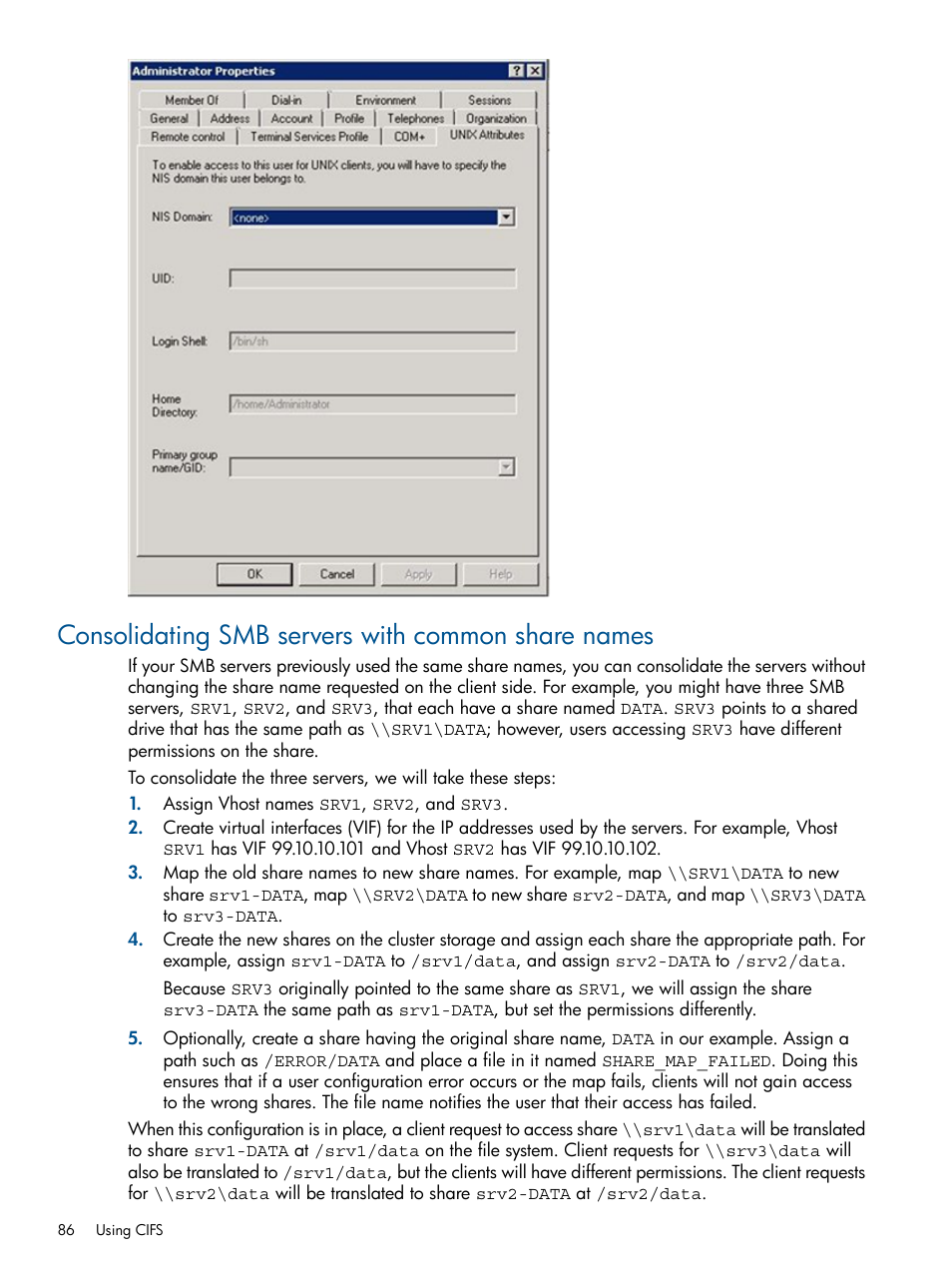 Consolidating smb servers with common share names | HP StoreAll Storage User Manual | Page 86 / 209