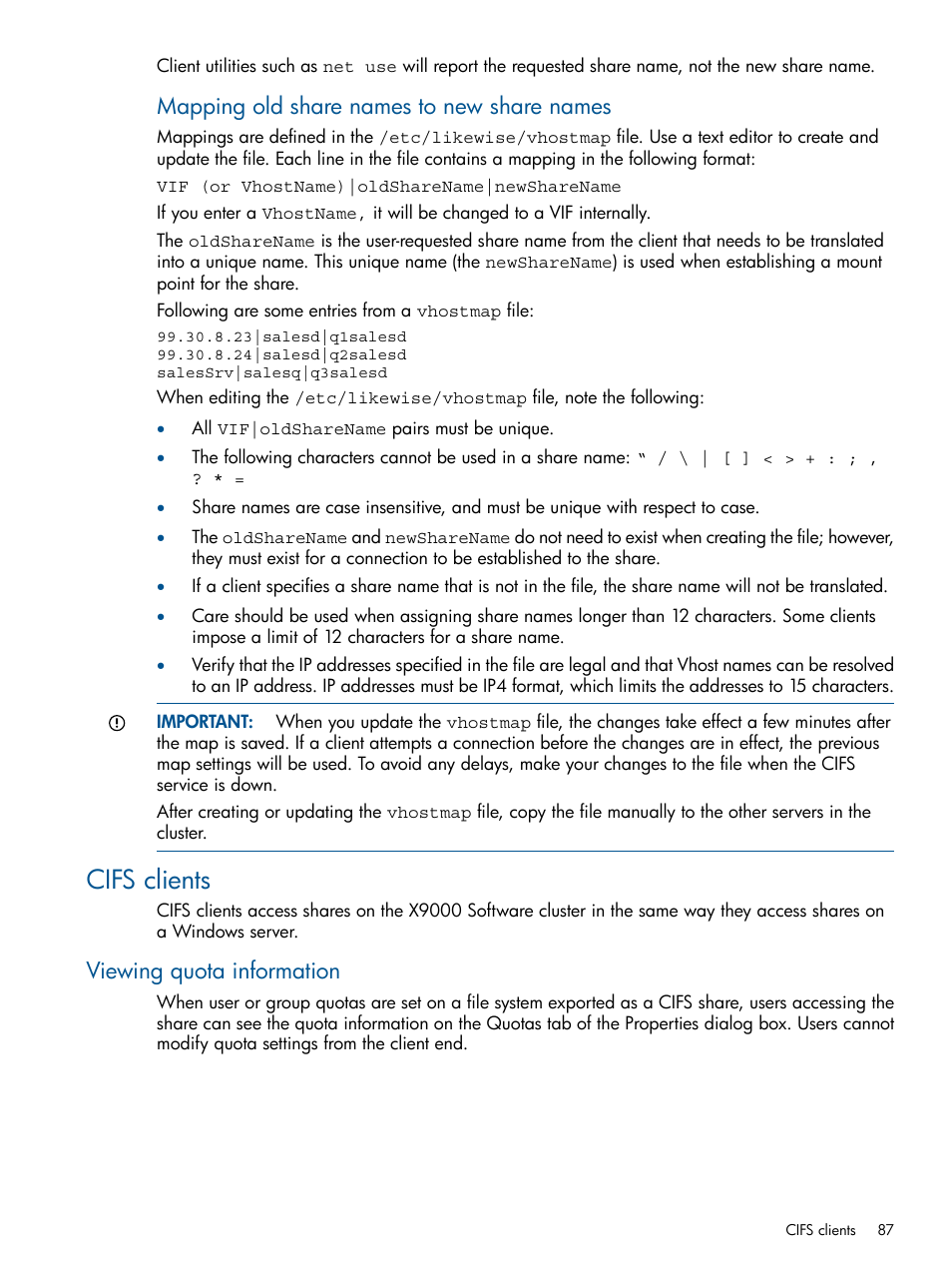 Cifs clients, Viewing quota information, Mapping old share names to new share names | HP StoreAll Storage User Manual | Page 87 / 209