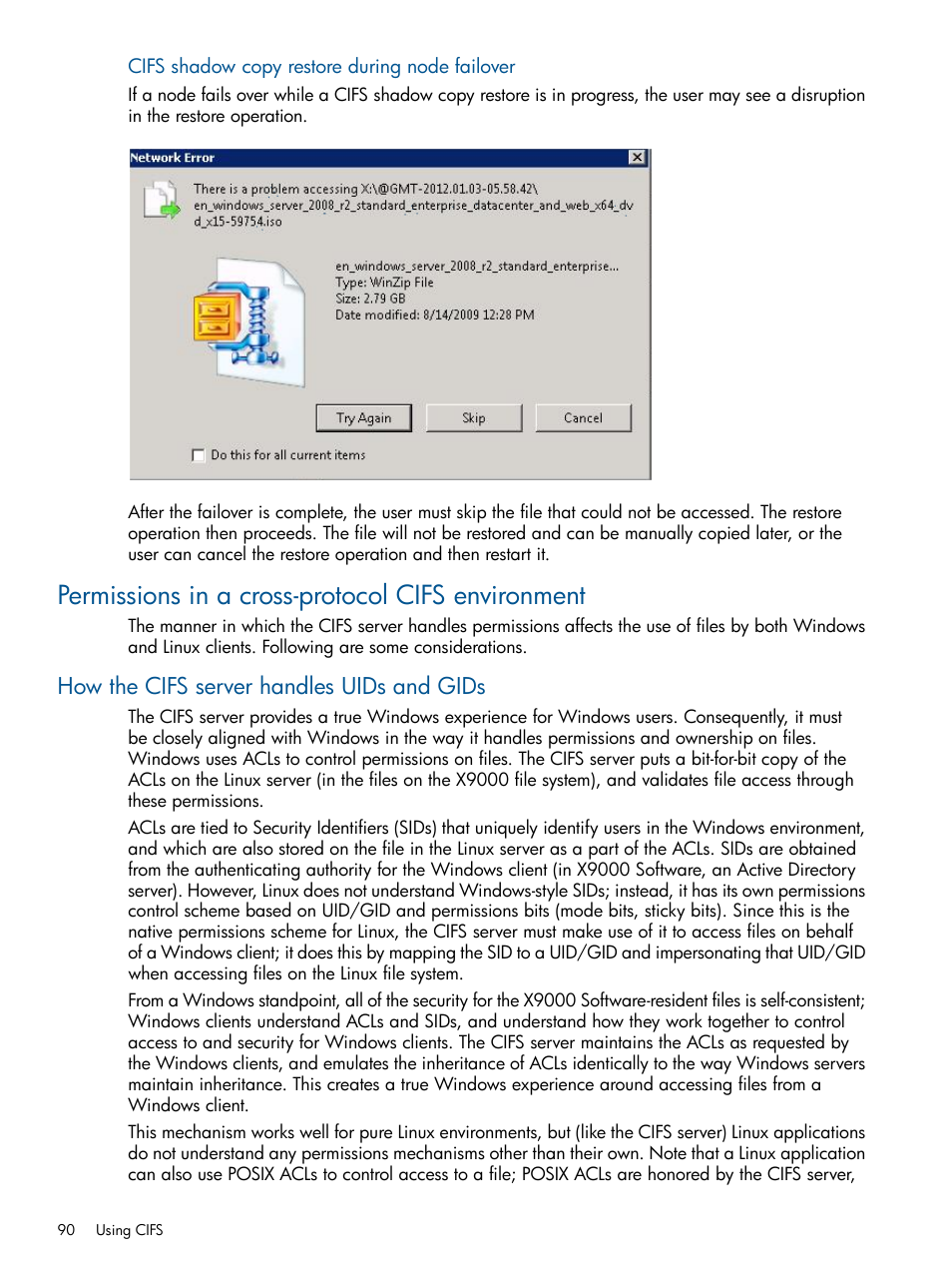 Permissions in a cross-protocol cifs environment, How the cifs server handles uids and gids | HP StoreAll Storage User Manual | Page 90 / 209