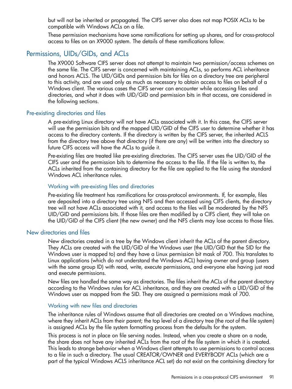 Permissions, uids/gids, and acls, Pre-existing directories and files, New directories and files | HP StoreAll Storage User Manual | Page 91 / 209