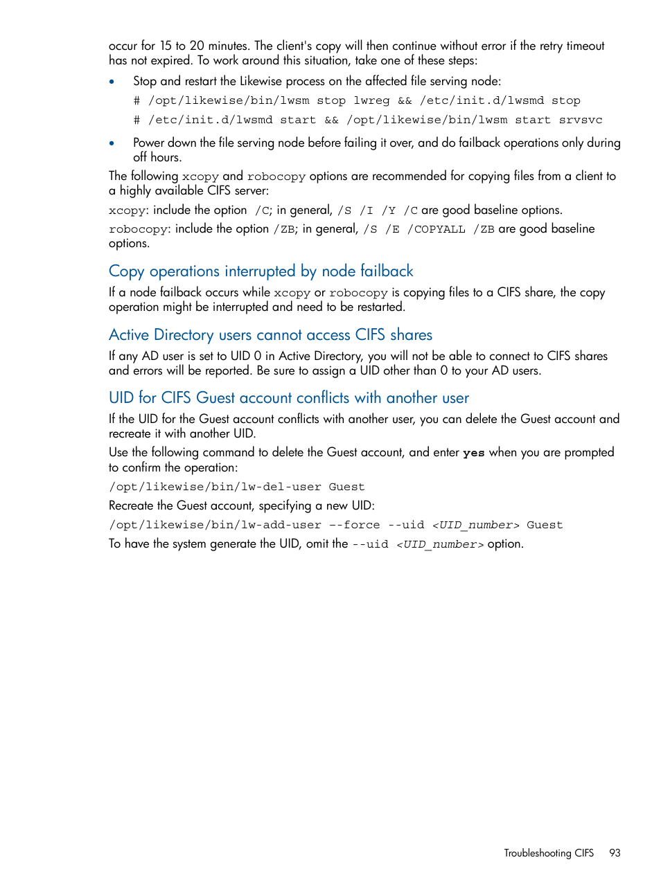 Copy operations interrupted by node failback, Active directory users cannot access cifs shares | HP StoreAll Storage User Manual | Page 93 / 209