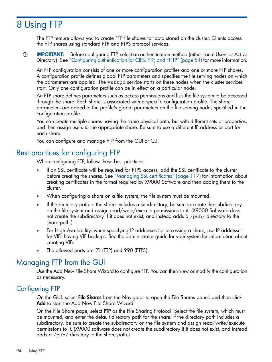 8 using ftp, Best practices for configuring ftp, Managing ftp from the gui | Configuring ftp | HP StoreAll Storage User Manual | Page 94 / 209