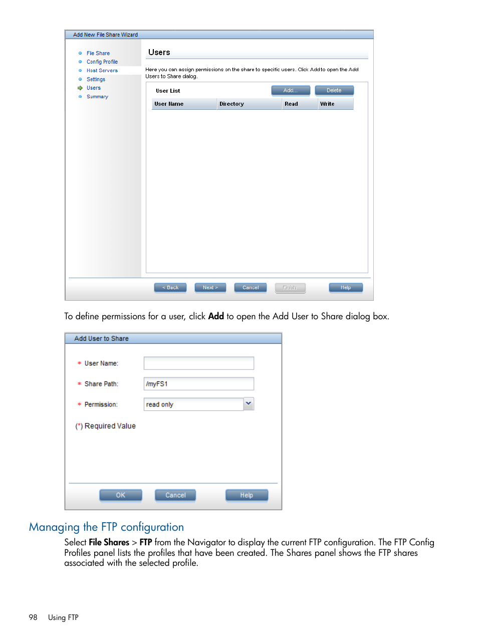 Managing the ftp configuration | HP StoreAll Storage User Manual | Page 98 / 209