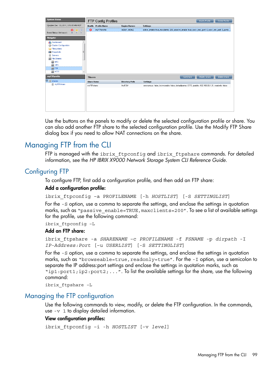 Managing ftp from the cli, Configuring ftp, Managing the ftp configuration | Configuring ftp managing the ftp configuration | HP StoreAll Storage User Manual | Page 99 / 209