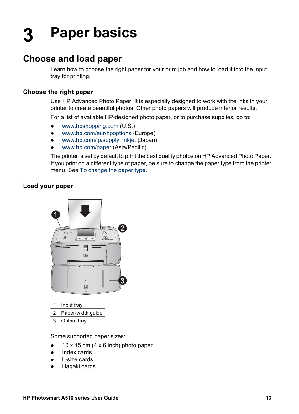 Paper basics, Choose and load paper, Choose the right paper | Load your paper, Paper basics choose and load paper, Choose the right paper load your paper | HP Photosmart A512 Compact Photo Printer User Manual | Page 16 / 66