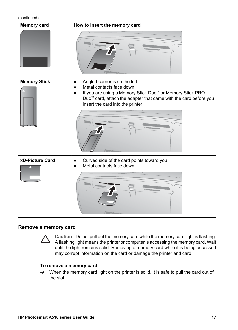 Remove a memory card | HP Photosmart A512 Compact Photo Printer User Manual | Page 20 / 66