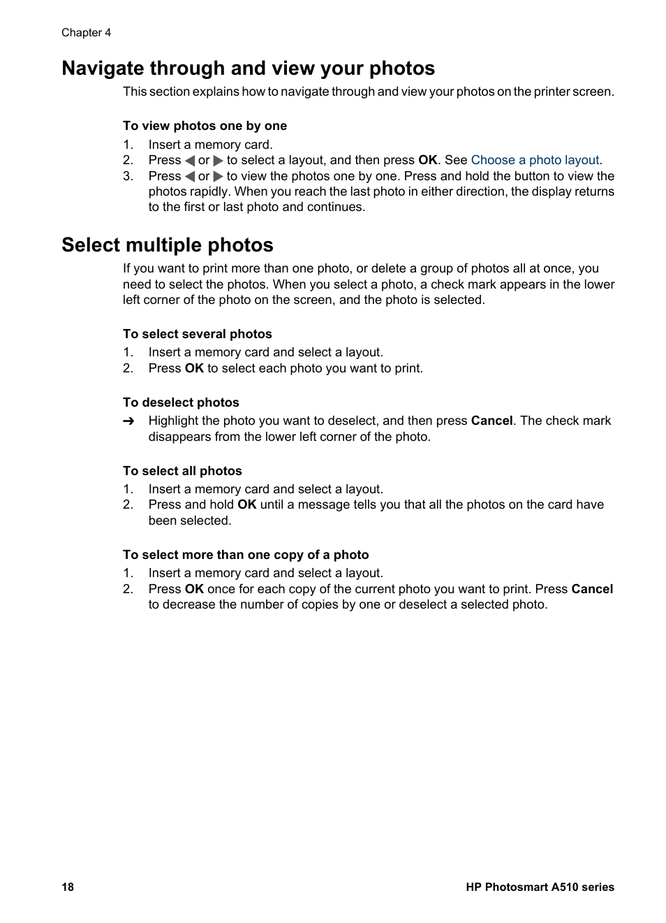 Navigate through and view your photos, Select multiple photos, Navigate through and view your | Photos | HP Photosmart A512 Compact Photo Printer User Manual | Page 21 / 66