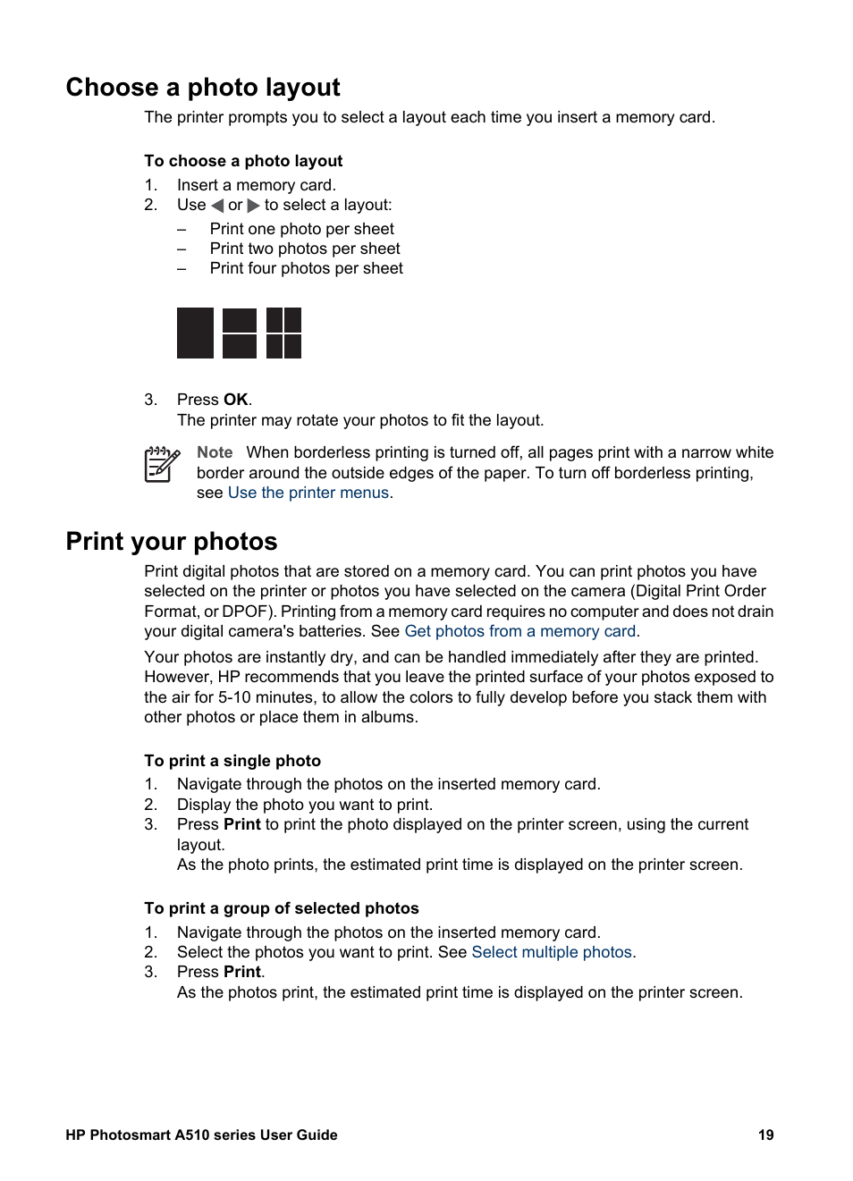 Choose a photo layout, Print your photos, Choose a photo layout print your photos | HP Photosmart A512 Compact Photo Printer User Manual | Page 22 / 66