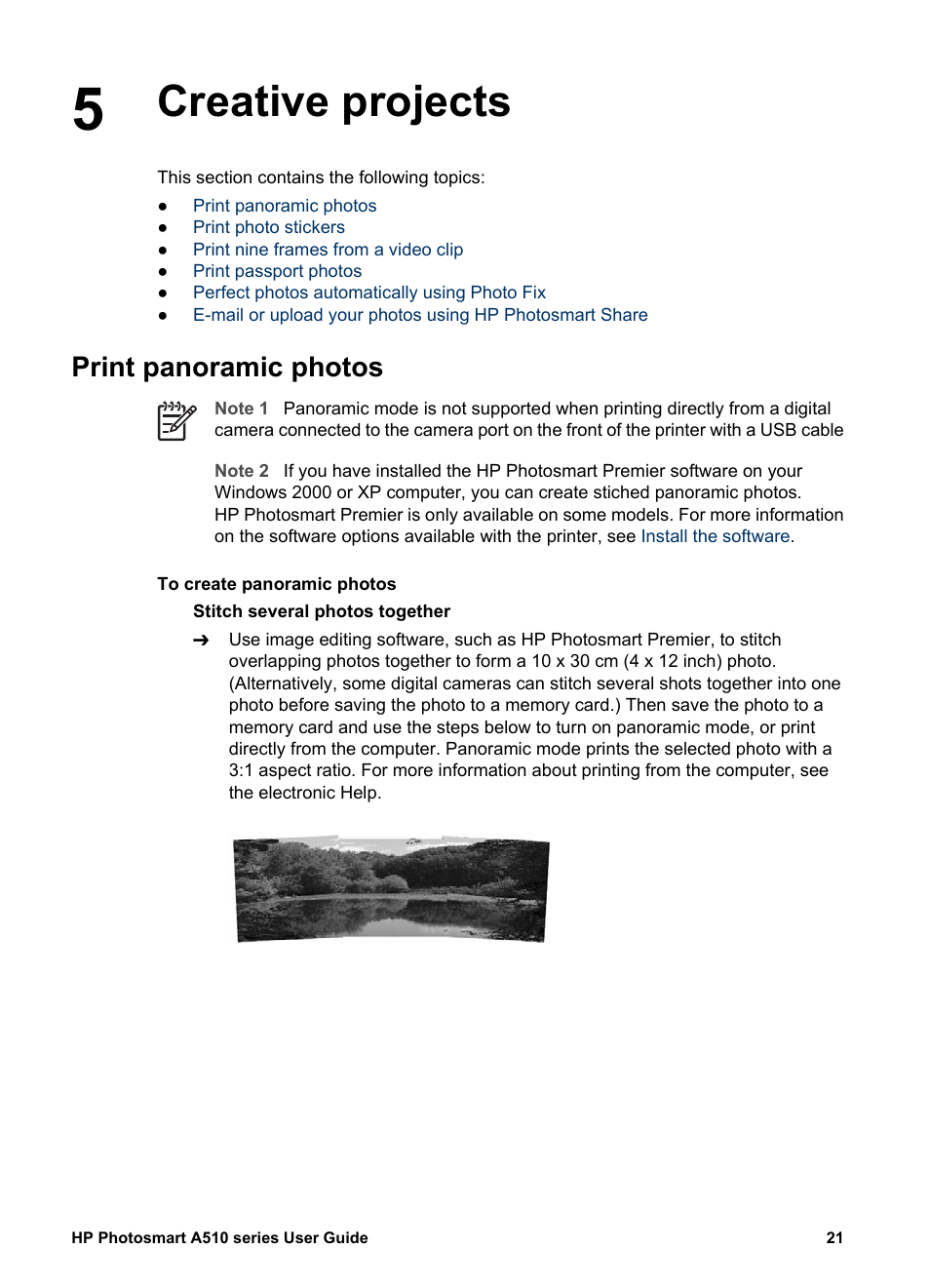 Creative projects, Print panoramic photos, Creative projects print panoramic photos | HP Photosmart A512 Compact Photo Printer User Manual | Page 24 / 66