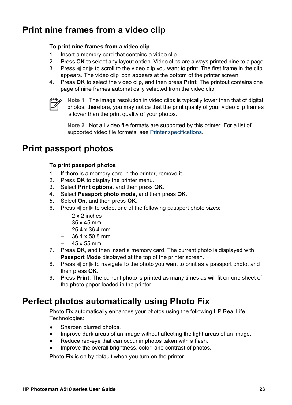 Print nine frames from a video clip, Print passport photos, Perfect photos automatically using photo fix | Perfect photos automatically using, Photo fix, Perfect photos automatically using photo | HP Photosmart A512 Compact Photo Printer User Manual | Page 26 / 66