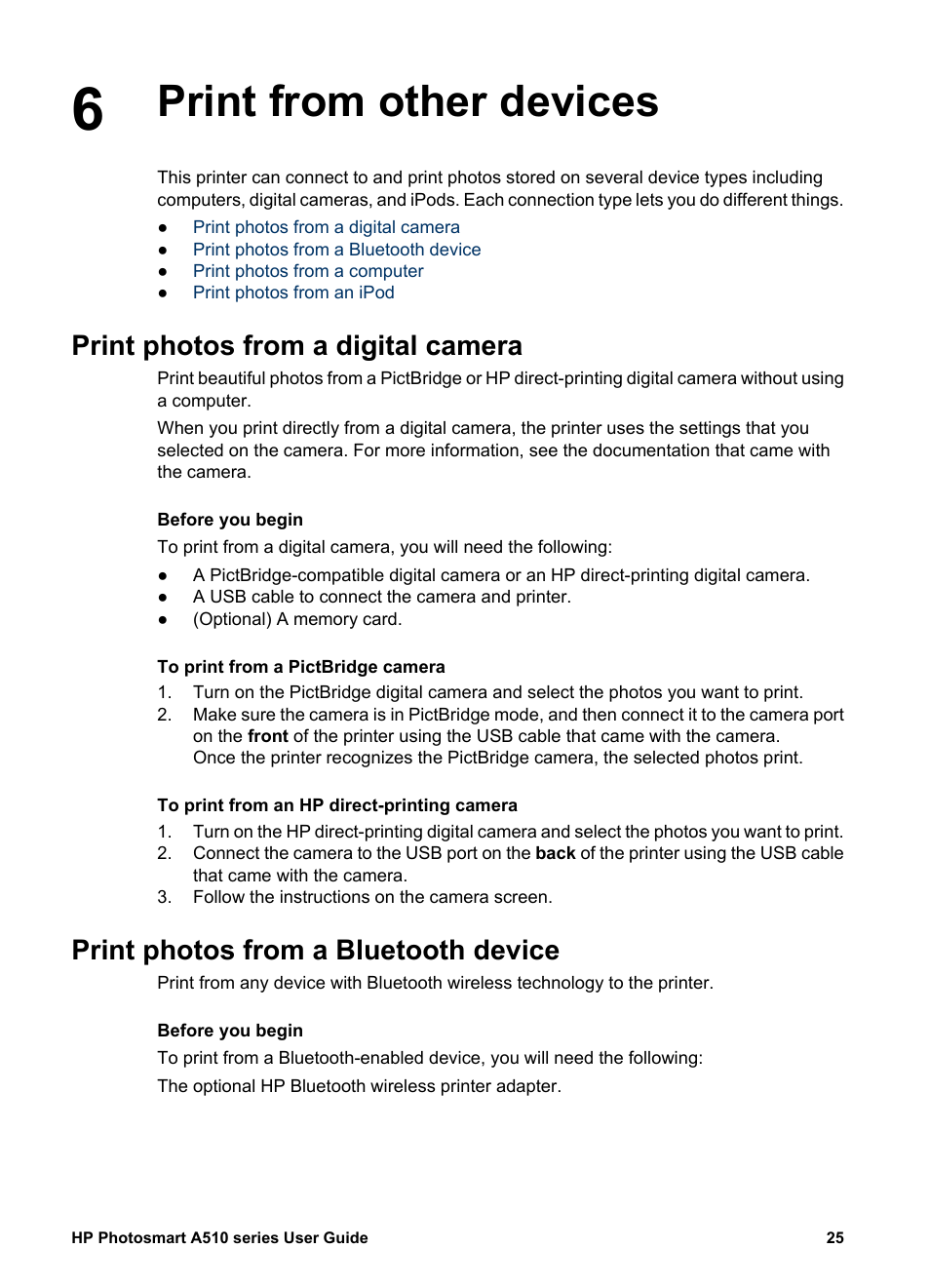 Print from other devices, Print photos from a digital camera, Print photos from a bluetooth device | Print, From other devices | HP Photosmart A512 Compact Photo Printer User Manual | Page 28 / 66
