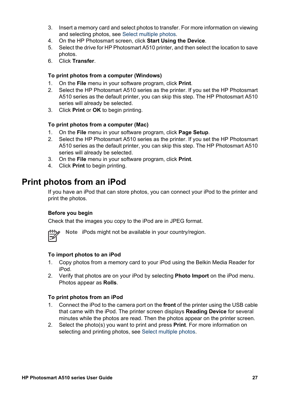 Print photos from an ipod | HP Photosmart A512 Compact Photo Printer User Manual | Page 30 / 66