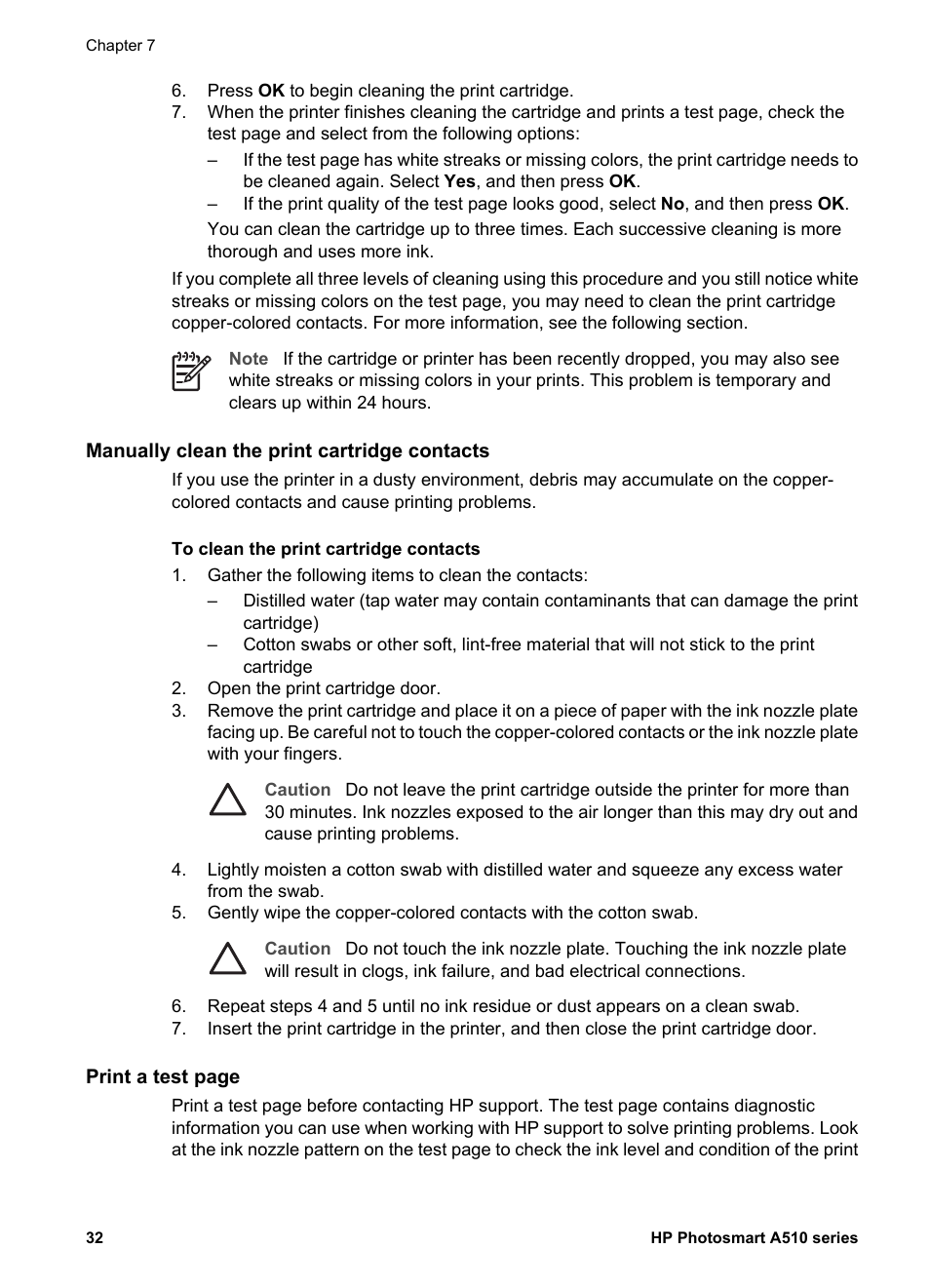 Manually clean the print cartridge contacts | HP Photosmart A512 Compact Photo Printer User Manual | Page 35 / 66