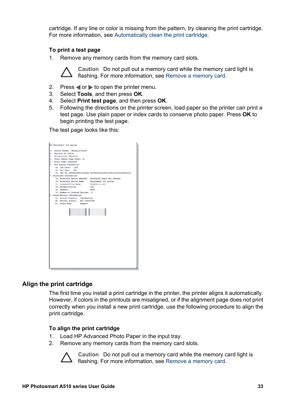 Align the print cartridge | HP Photosmart A512 Compact Photo Printer User Manual | Page 36 / 66