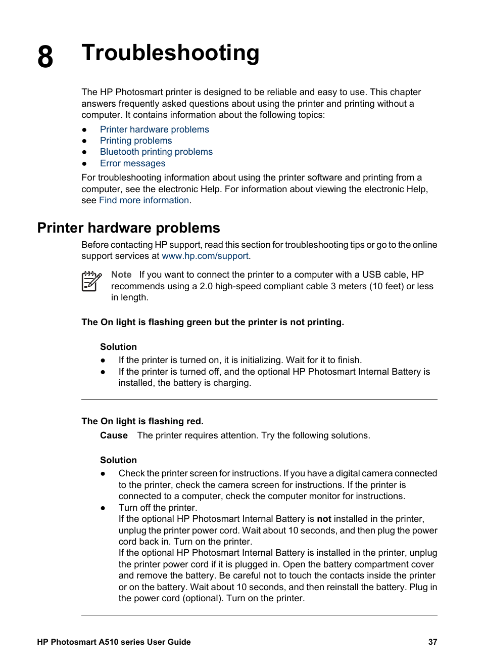 Troubleshooting, Printer hardware problems | HP Photosmart A512 Compact Photo Printer User Manual | Page 40 / 66