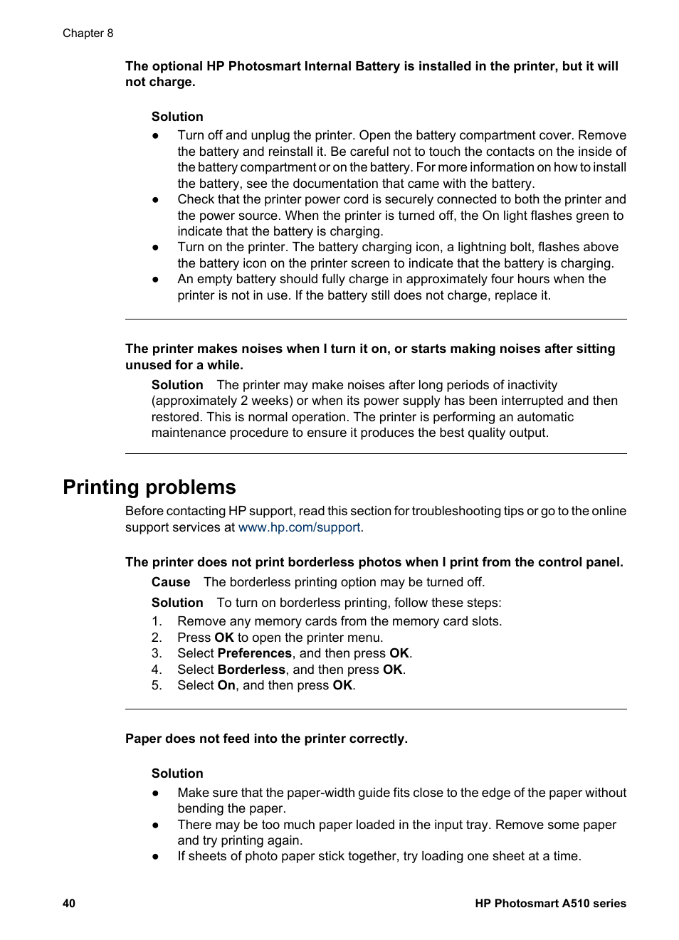 Printing problems | HP Photosmart A512 Compact Photo Printer User Manual | Page 43 / 66