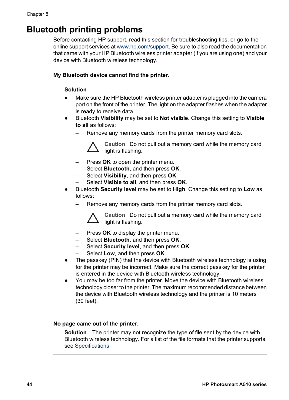 Bluetooth printing problems | HP Photosmart A512 Compact Photo Printer User Manual | Page 47 / 66