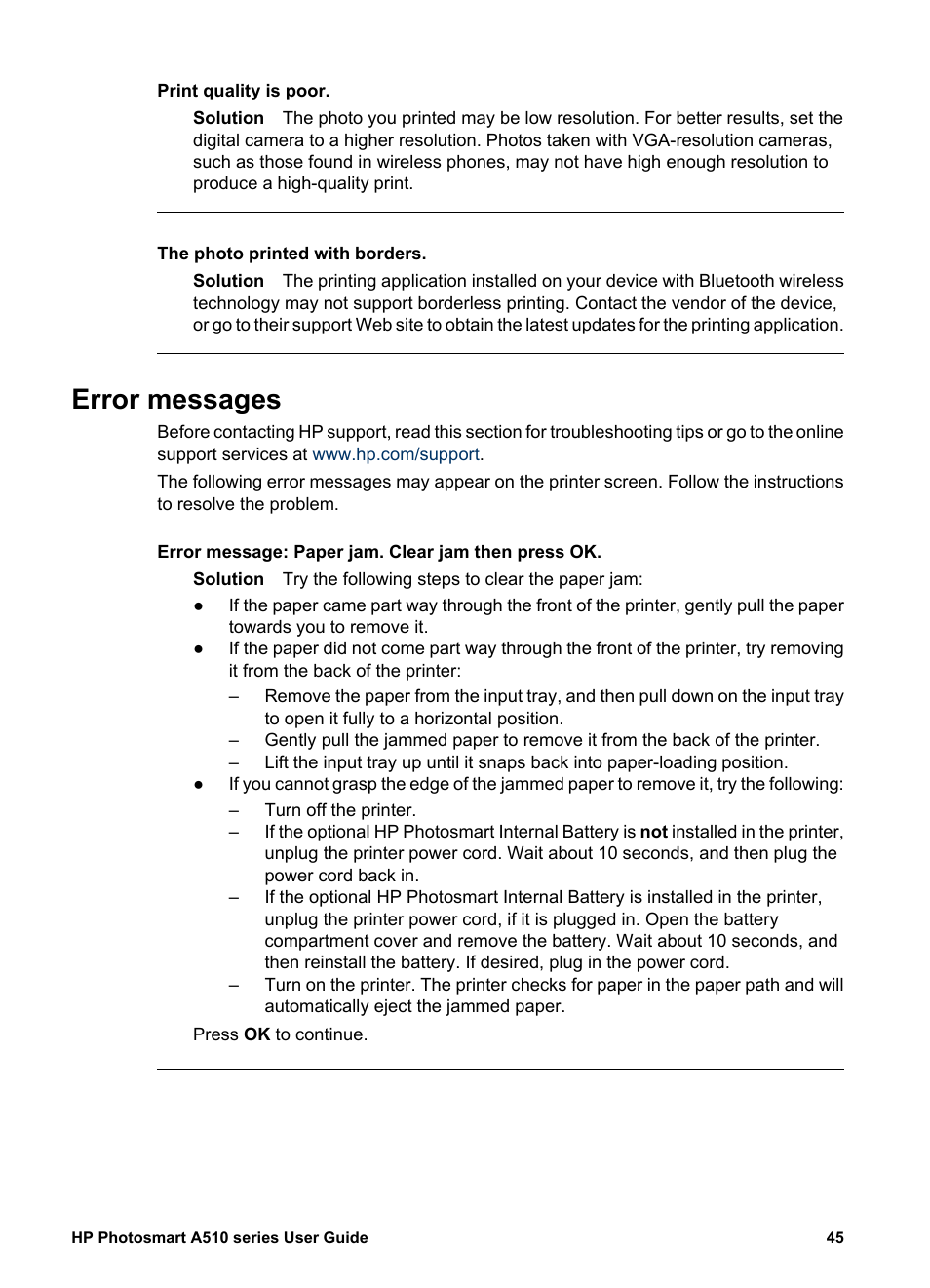 Error messages | HP Photosmart A512 Compact Photo Printer User Manual | Page 48 / 66