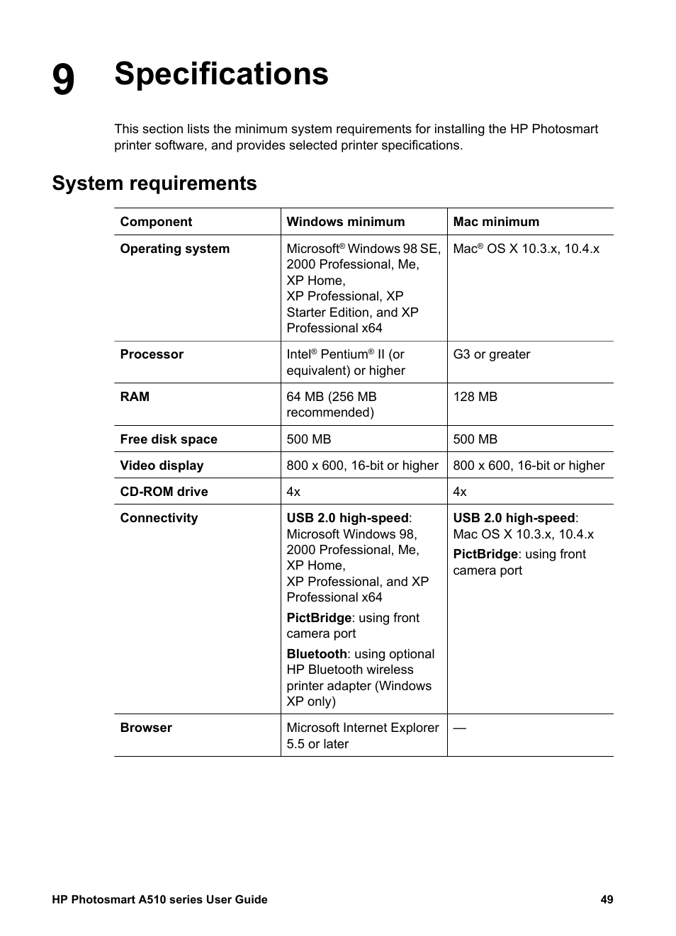 Specifications, System requirements, Specifications system requirements | HP Photosmart A512 Compact Photo Printer User Manual | Page 52 / 66