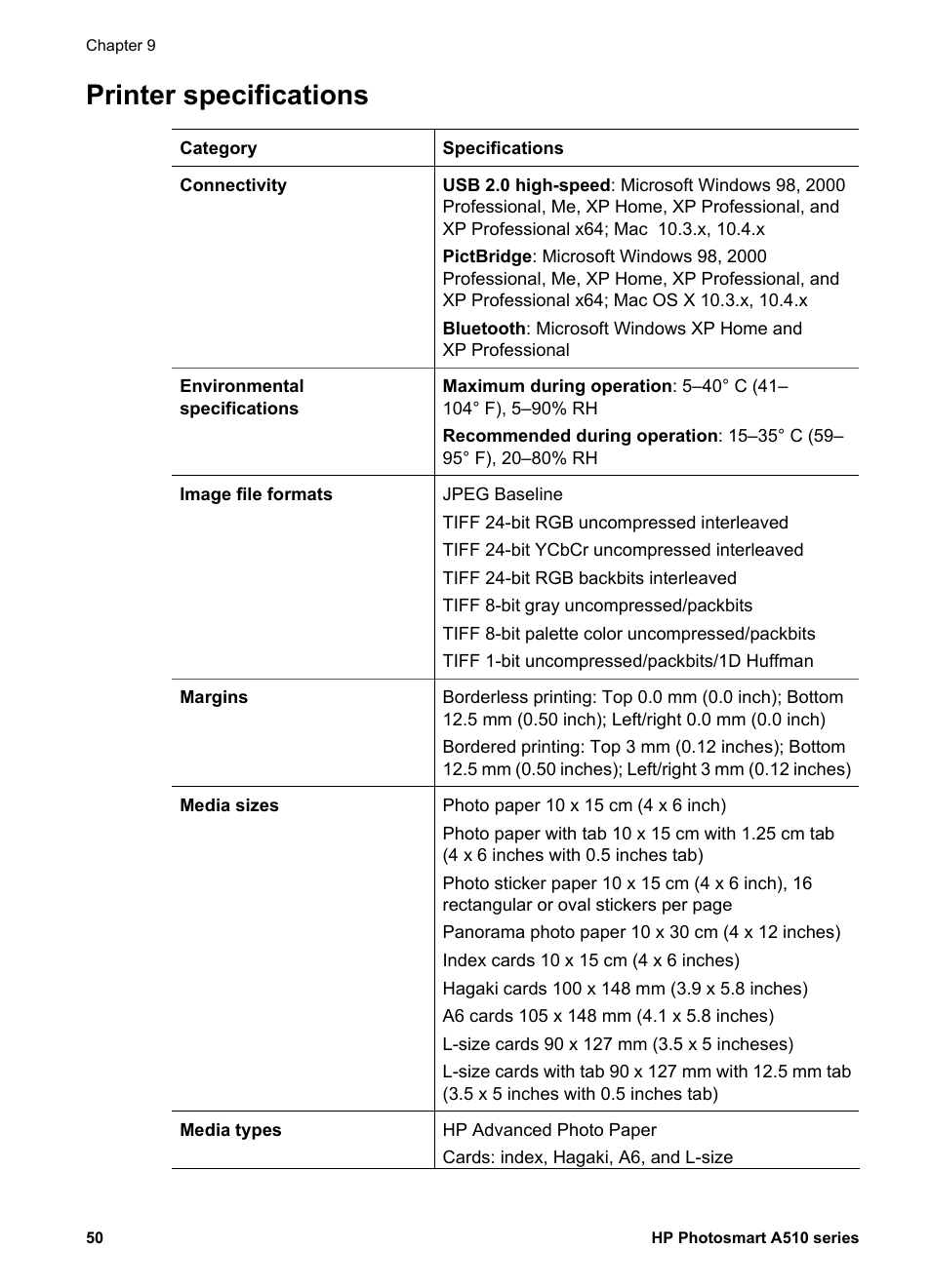 Printer specifications | HP Photosmart A512 Compact Photo Printer User Manual | Page 53 / 66