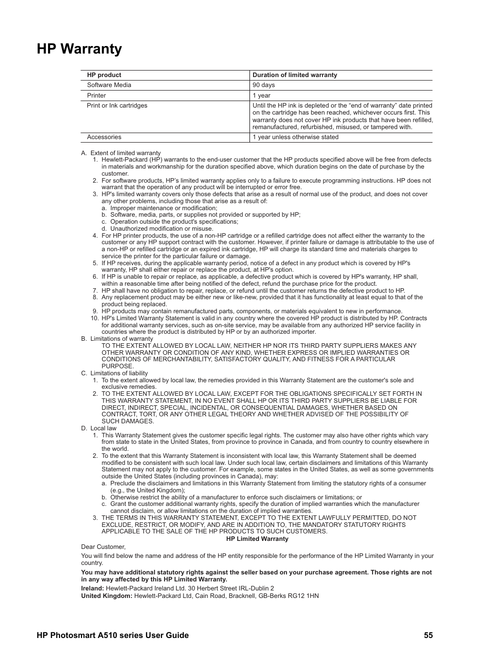 Hp warranty | HP Photosmart A512 Compact Photo Printer User Manual | Page 58 / 66