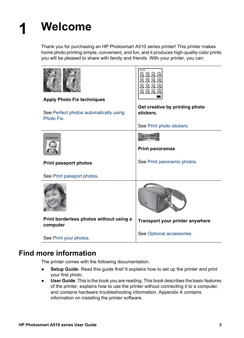 Welcome, Find more information, Welcome find more information | HP Photosmart A512 Compact Photo Printer User Manual | Page 6 / 66